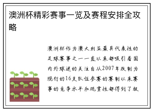 澳洲杯精彩赛事一览及赛程安排全攻略